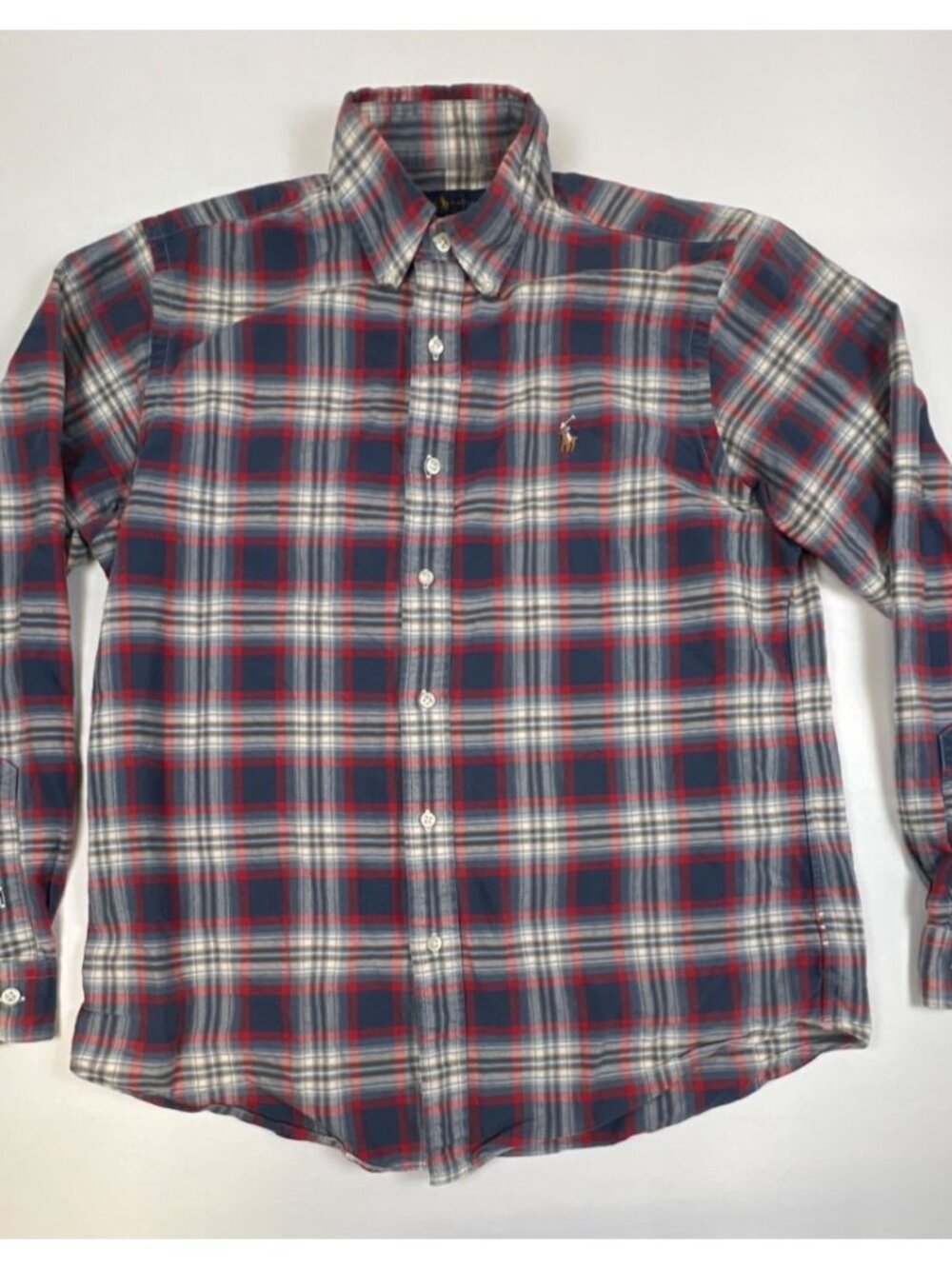 Ralph Lauren Classic Fit Plaid Flannel Shirt Men's M Red Blue Grey Long Sleeve